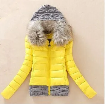 Women Winter Coat Cotton Padded Jacket Short Knitted Hood Fur Collar Womens Winter Jackets and Coats
