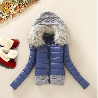 Women Winter Coat Cotton Padded Jacket Short Knitted Hood Fur Collar Womens Winter Jackets and Coats