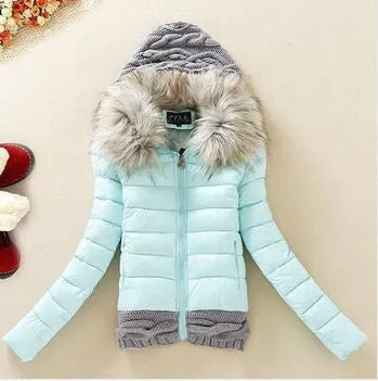 Women Winter Coat Cotton Padded Jacket Short Knitted Hood Fur Collar Womens Winter Jackets and Coats