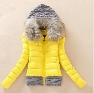 Women Winter Coat Cotton Padded Jacket Short Knitted Hood Fur Collar Womens Winter Jackets and Coats
