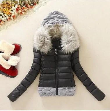 Women Winter Coat Cotton Padded Jacket Short Knitted Hood Fur Collar Womens Winter Jackets and Coats
