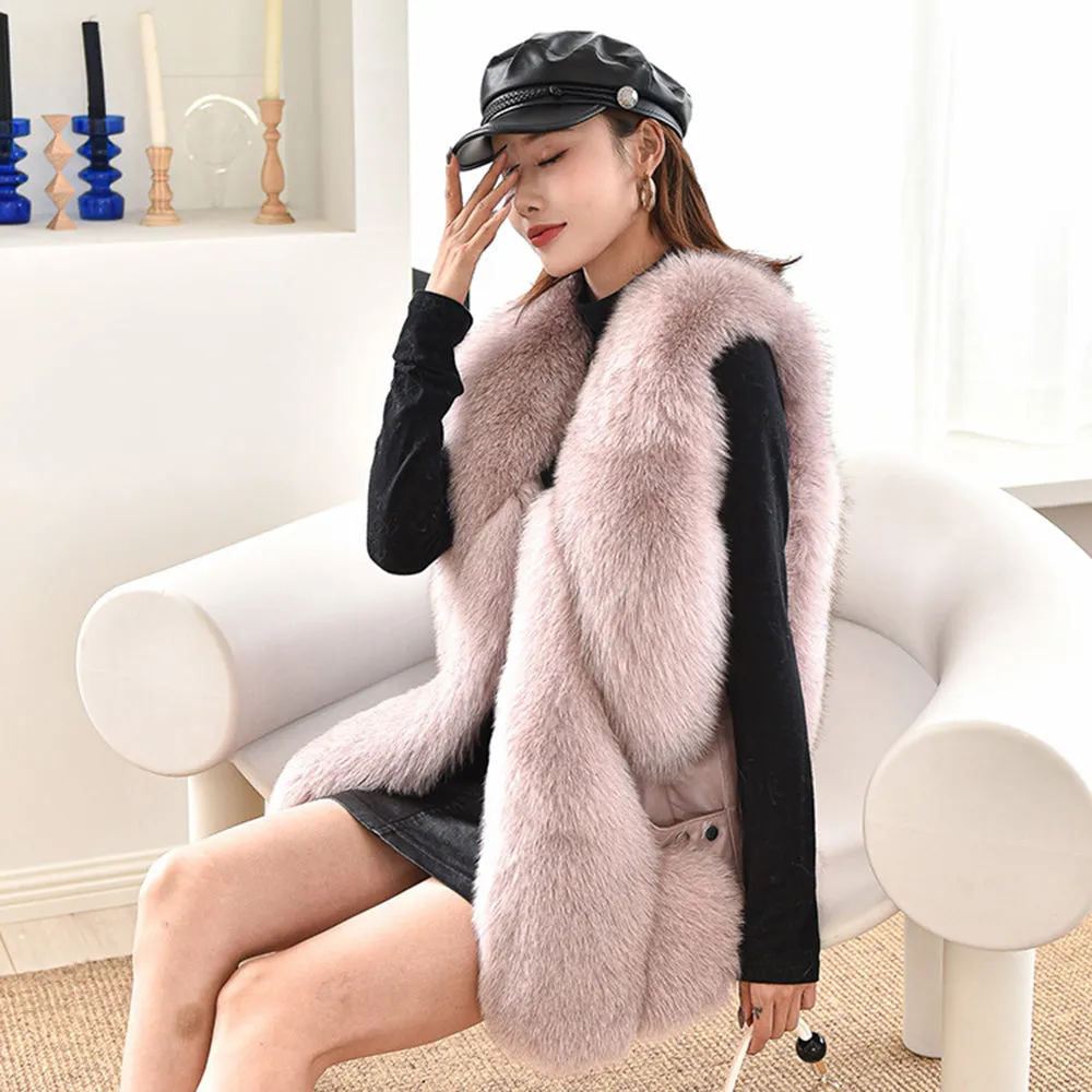 Women Winter Fashion Long Vest Warm Fluffy Real Fox Fur Gilets