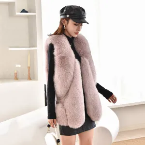 Women Winter Fashion Long Vest Warm Fluffy Real Fox Fur Gilets