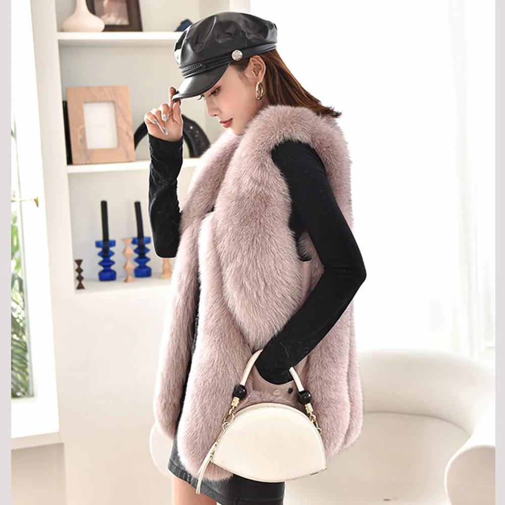 Women Winter Fashion Long Vest Warm Fluffy Real Fox Fur Gilets