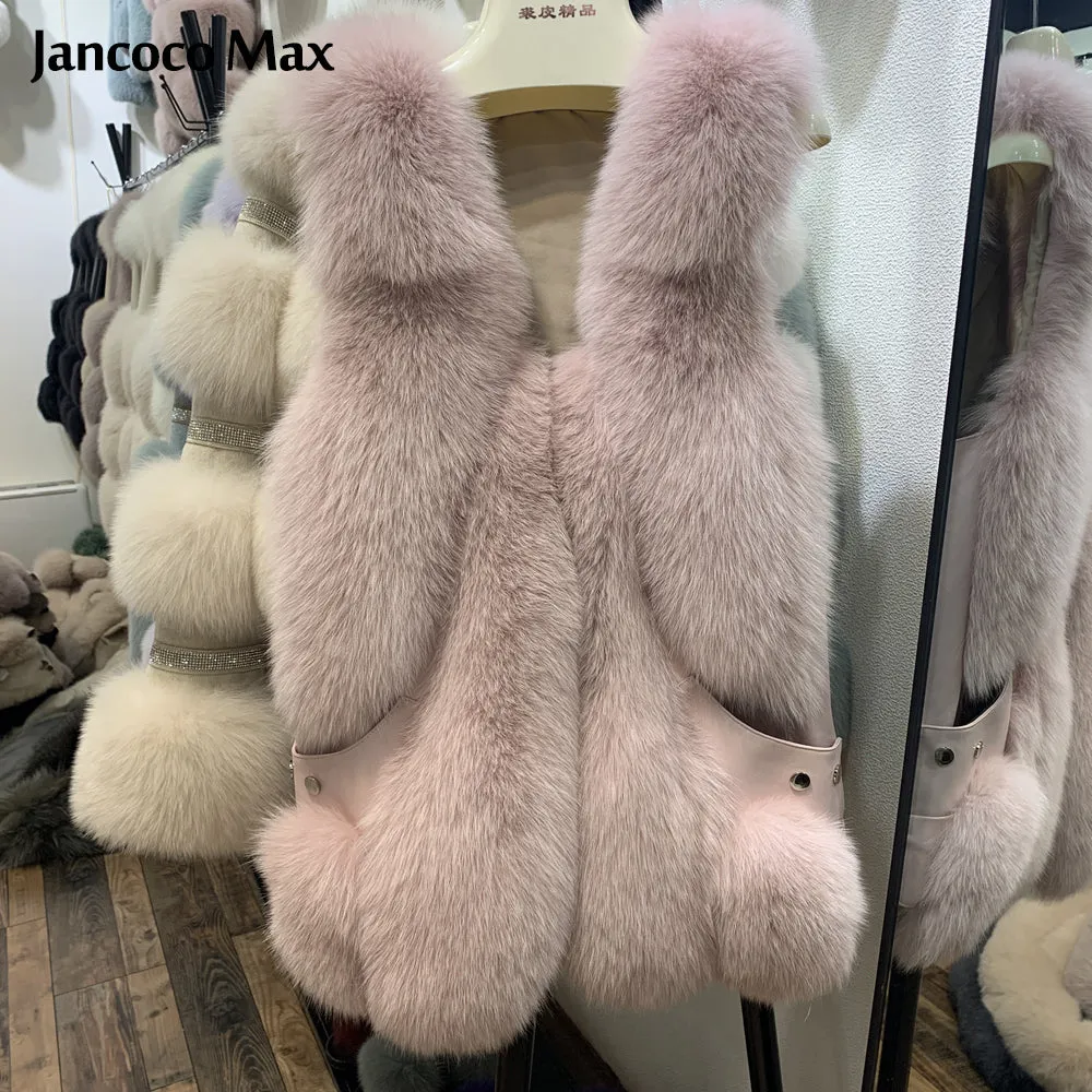 Women Winter Fashion Long Vest Warm Fluffy Real Fox Fur Gilets
