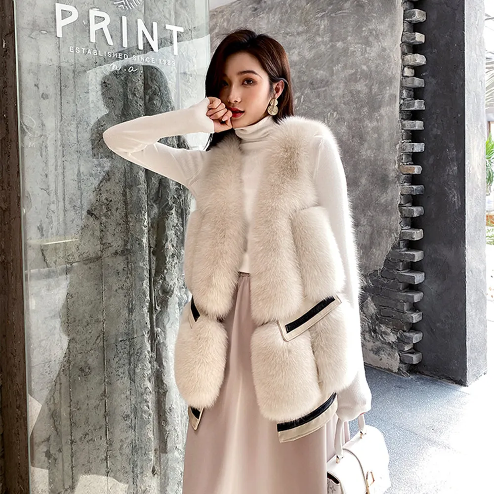 Women Winter Warm Fashion Real Fox Fur Gilets Fluffy Vest Waistcoat