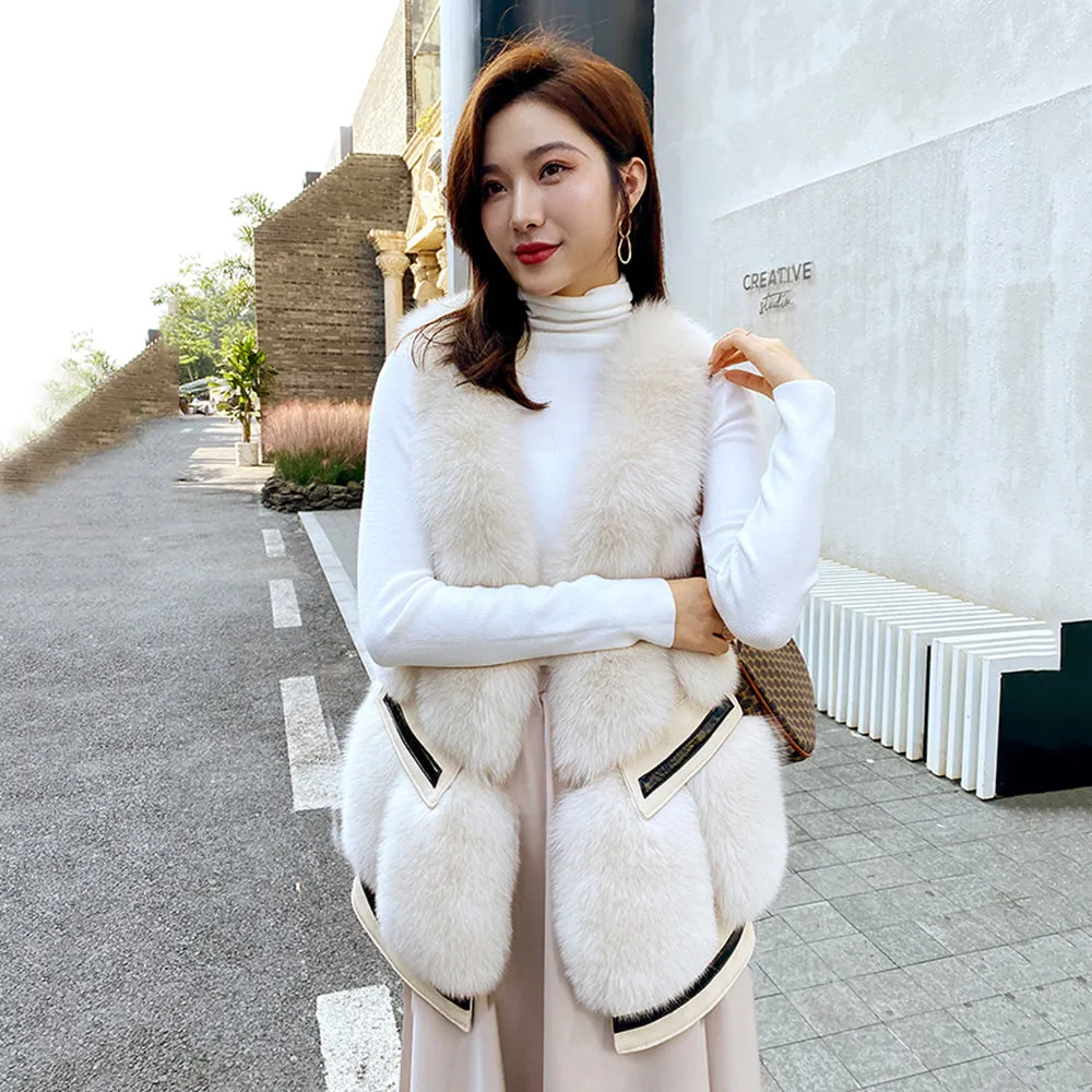 Women Winter Warm Fashion Real Fox Fur Gilets Fluffy Vest Waistcoat