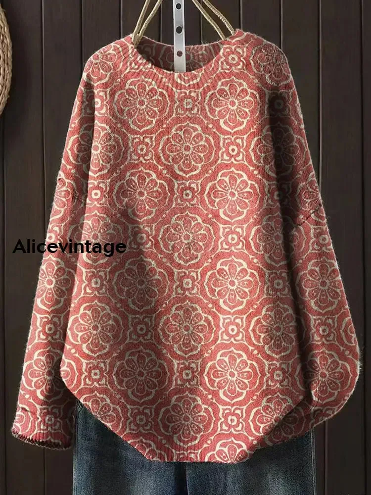 Women's Fashion Elegant Floral Art Print Round Neck Long Sleeve Sweater