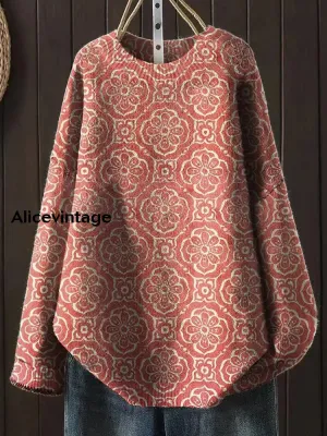 Women's Fashion Elegant Floral Art Print Round Neck Long Sleeve Sweater