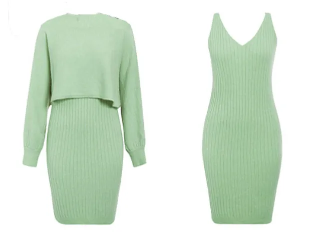 Women's Knitted 2-Piece Set – Bodycon Dress & Crop Sweater
