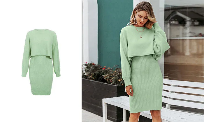 Women's Knitted 2-Piece Set – Bodycon Dress & Crop Sweater
