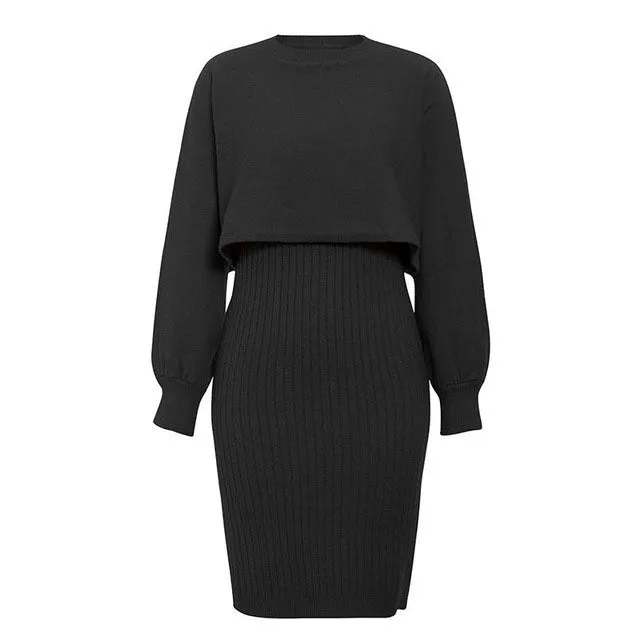 Women's Knitted 2-Piece Set – Bodycon Dress & Crop Sweater
