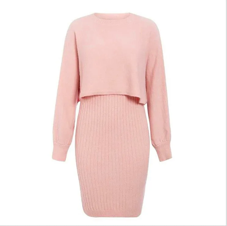 Women's Knitted 2-Piece Set – Bodycon Dress & Crop Sweater