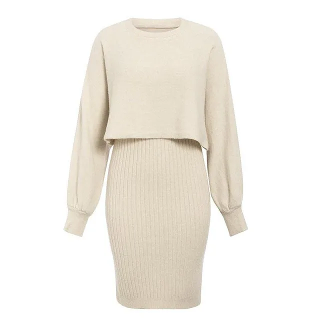 Women's Knitted 2-Piece Set – Bodycon Dress & Crop Sweater