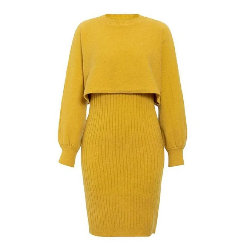 Women's Knitted 2-Piece Set – Bodycon Dress & Crop Sweater