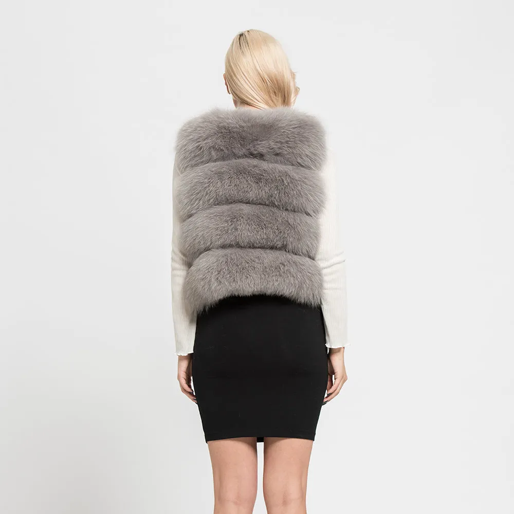 Women's  Real Fox Fur Vest 4 Rows Winter Genuine Fur Gilet Light Grey Waistcoat