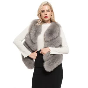 Women's  Real Fox Fur Vest 4 Rows Winter Genuine Fur Gilet Light Grey Waistcoat
