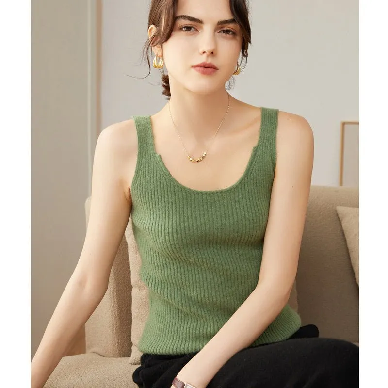Womens Ribbed Knit V-Neck Sleeveless Cashmere Vest Cashmere Tank