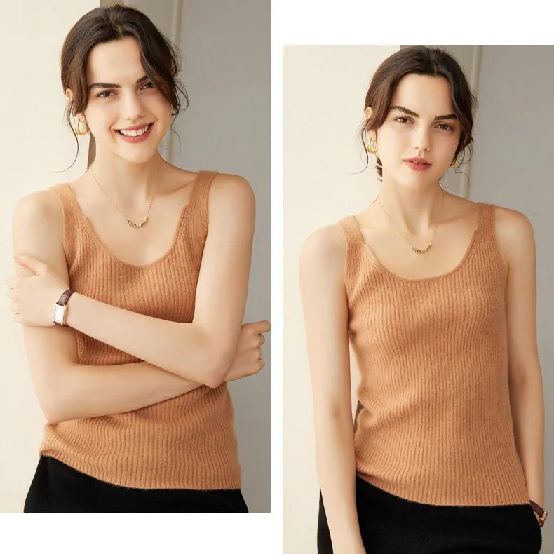 Womens Ribbed Knit V-Neck Sleeveless Cashmere Vest Cashmere Tank