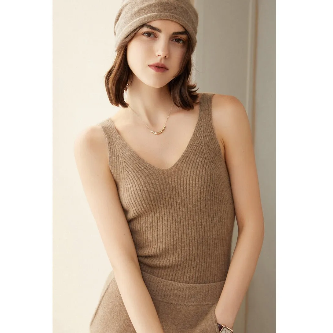 Womens Ribbed Knit V-Neck Sleeveless Cashmere Vest Cashmere Tank