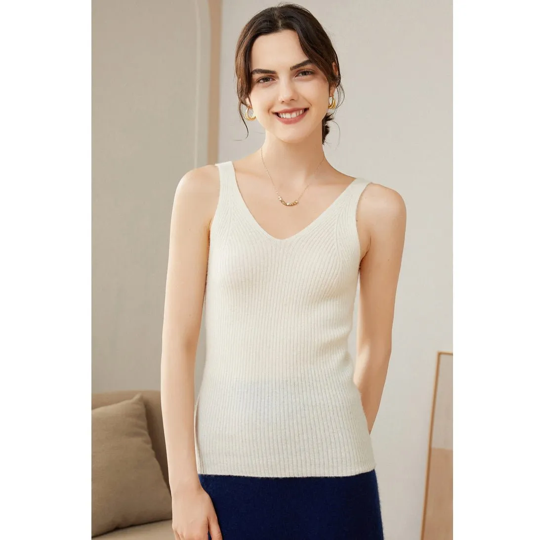 Womens Ribbed Knit V-Neck Sleeveless Cashmere Vest Cashmere Tank