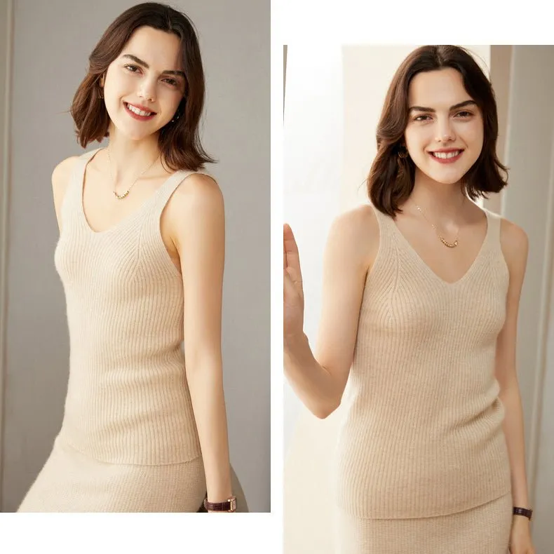 Womens Ribbed Knit V-Neck Sleeveless Cashmere Vest Cashmere Tank