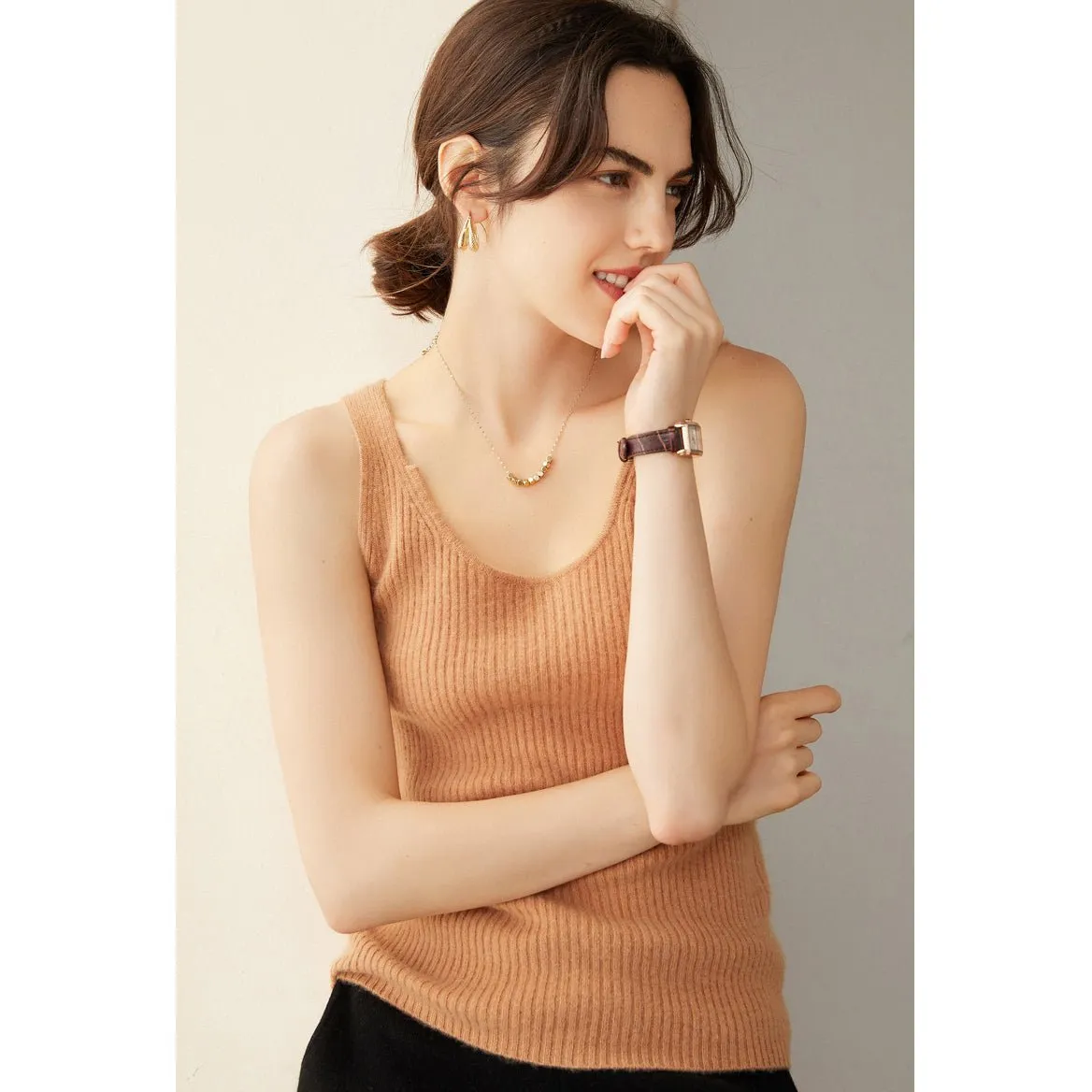 Womens Ribbed Knit V-Neck Sleeveless Cashmere Vest Cashmere Tank