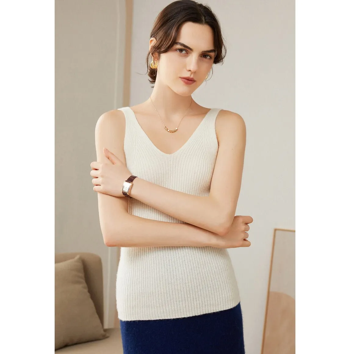 Womens Ribbed Knit V-Neck Sleeveless Cashmere Vest Cashmere Tank