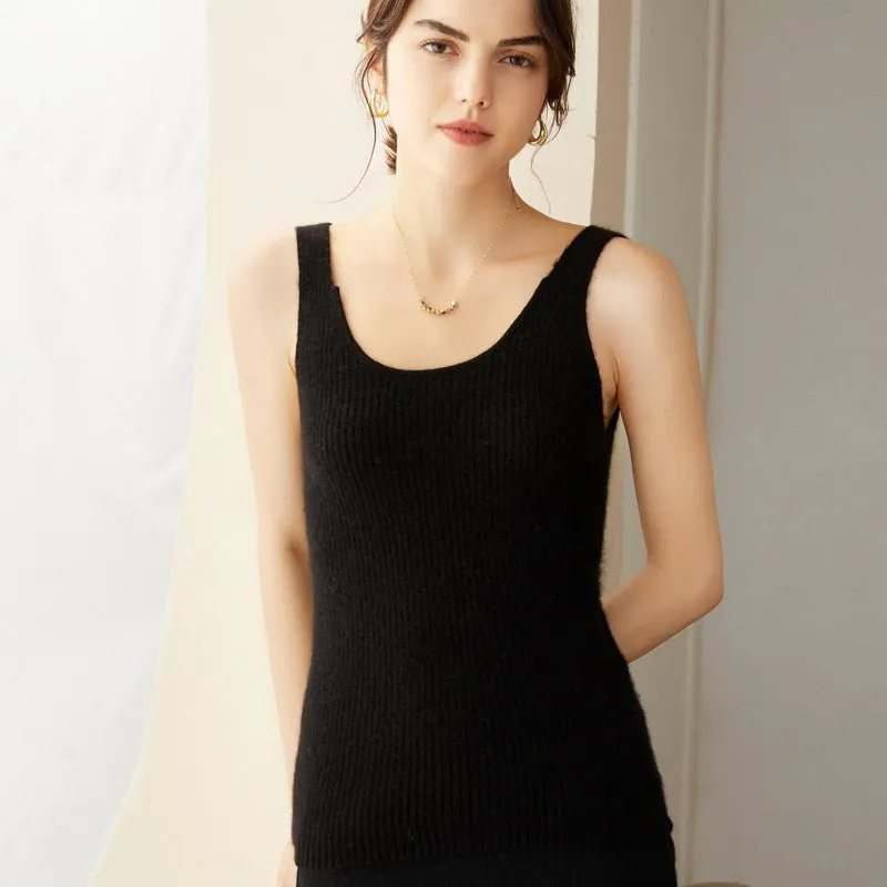 Womens Ribbed Knit V-Neck Sleeveless Cashmere Vest Cashmere Tank