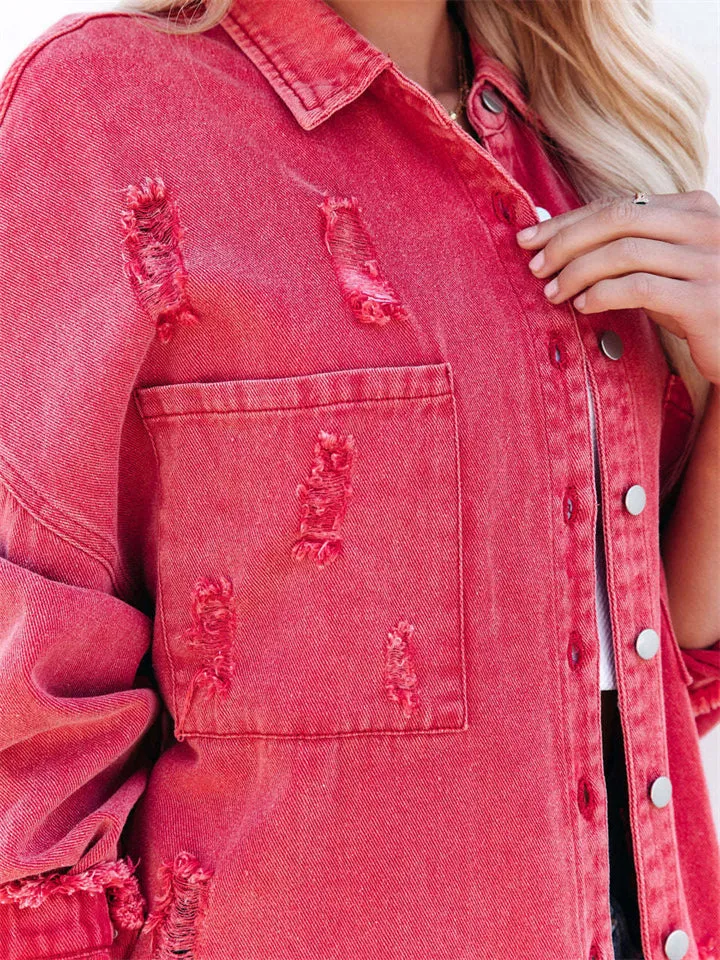 Women's Trendy Lapel Raw Edge Long Sleeve Denim Jacket