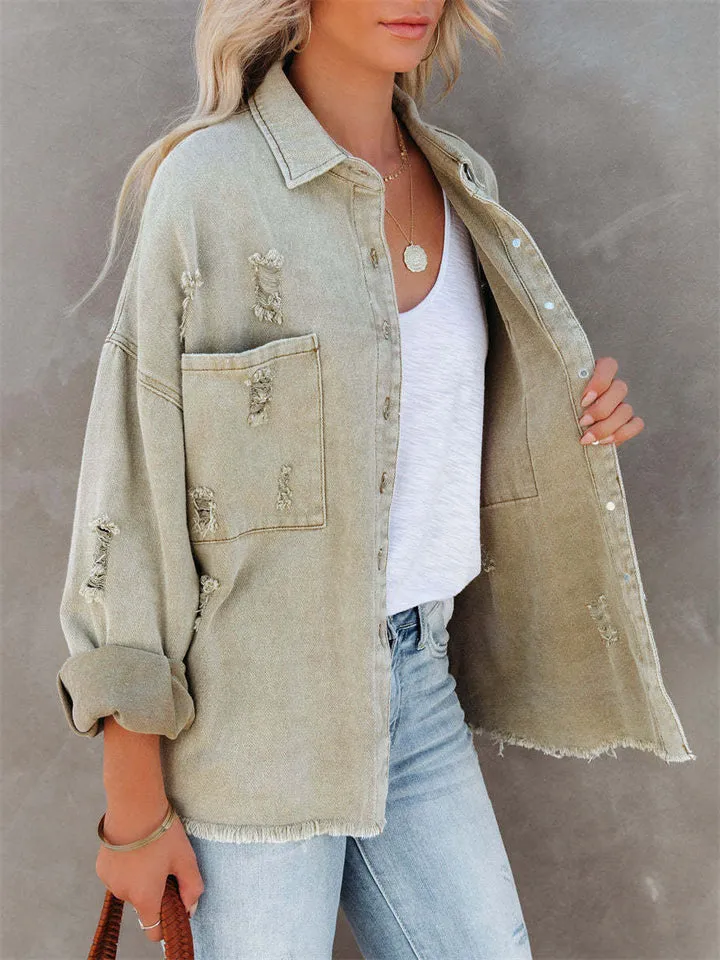 Women's Trendy Lapel Raw Edge Long Sleeve Denim Jacket