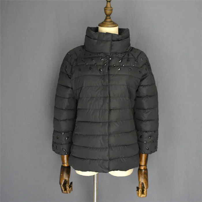 womens winter jackets and coats 3/4 sleeve solid color with crystal coat female