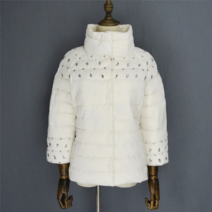 womens winter jackets and coats 3/4 sleeve solid color with crystal coat female