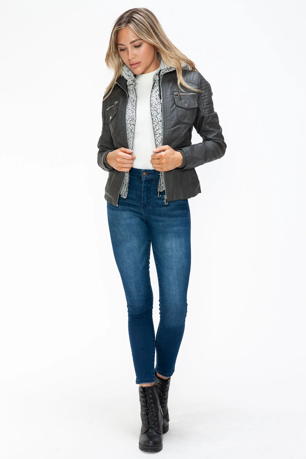Women's YMI Faux Layered Jacket with Fuzzy Hood and Multiple Pockets for Style and Warmth