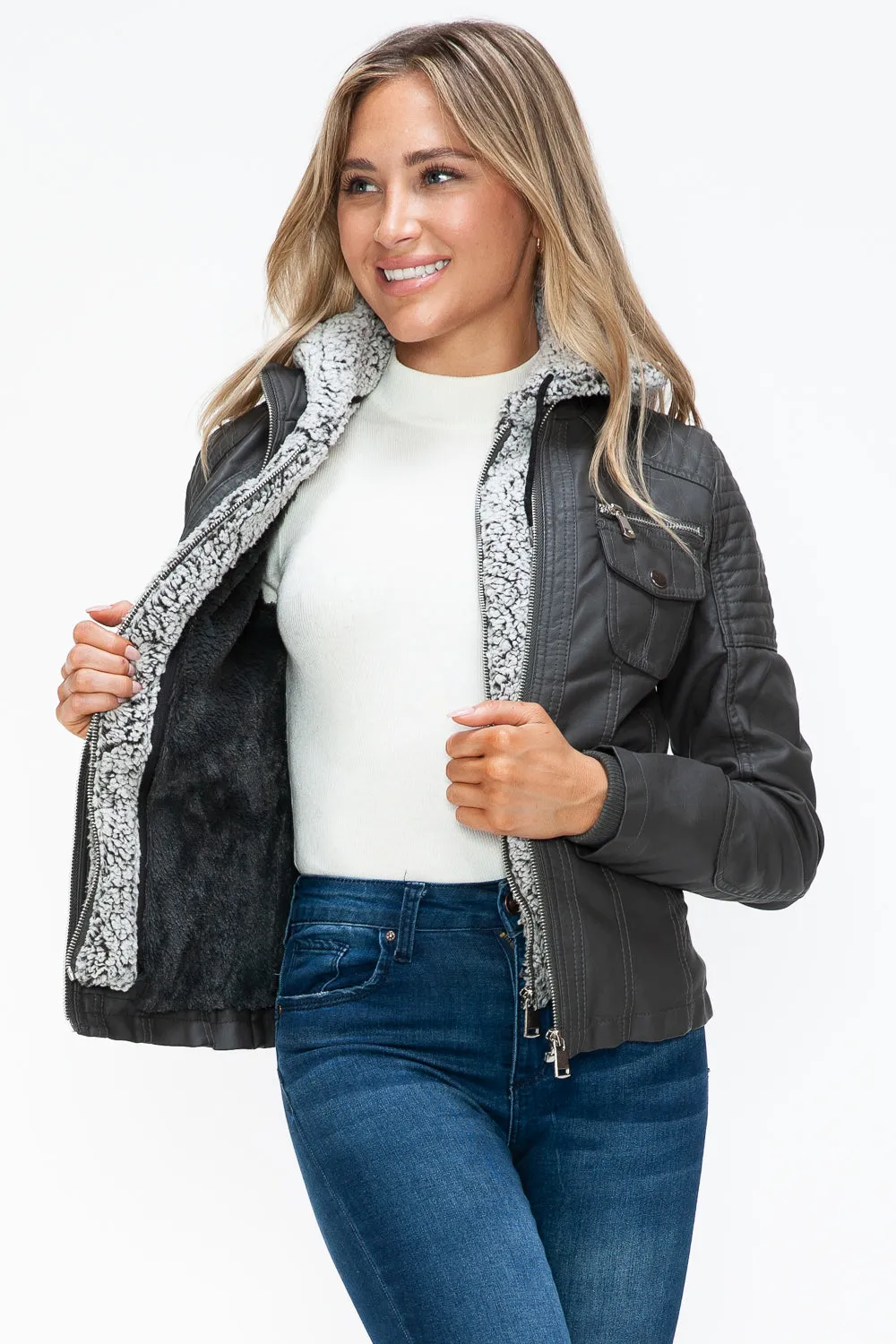 Women's YMI Faux Layered Jacket with Fuzzy Hood and Multiple Pockets for Style and Warmth