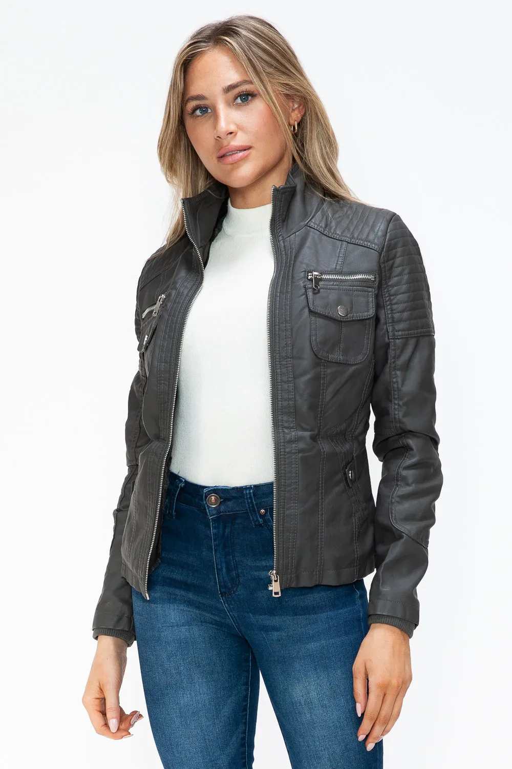 Women's YMI Faux Layered Jacket with Fuzzy Hood and Multiple Pockets for Style and Warmth