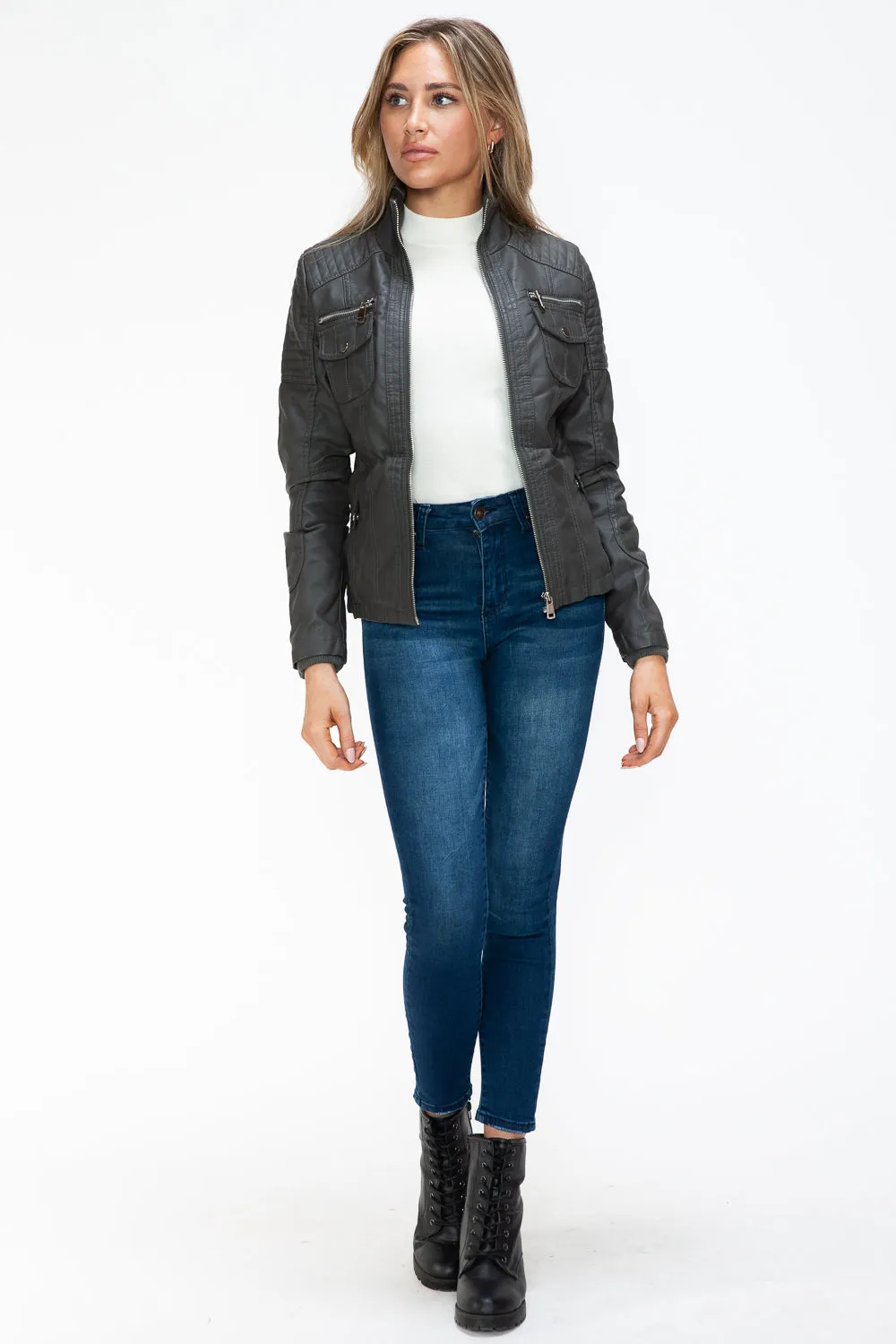 Women's YMI Faux Layered Jacket with Fuzzy Hood and Multiple Pockets for Style and Warmth