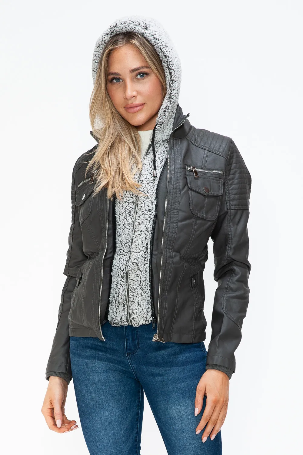 Women's YMI Faux Layered Jacket with Fuzzy Hood and Multiple Pockets for Style and Warmth