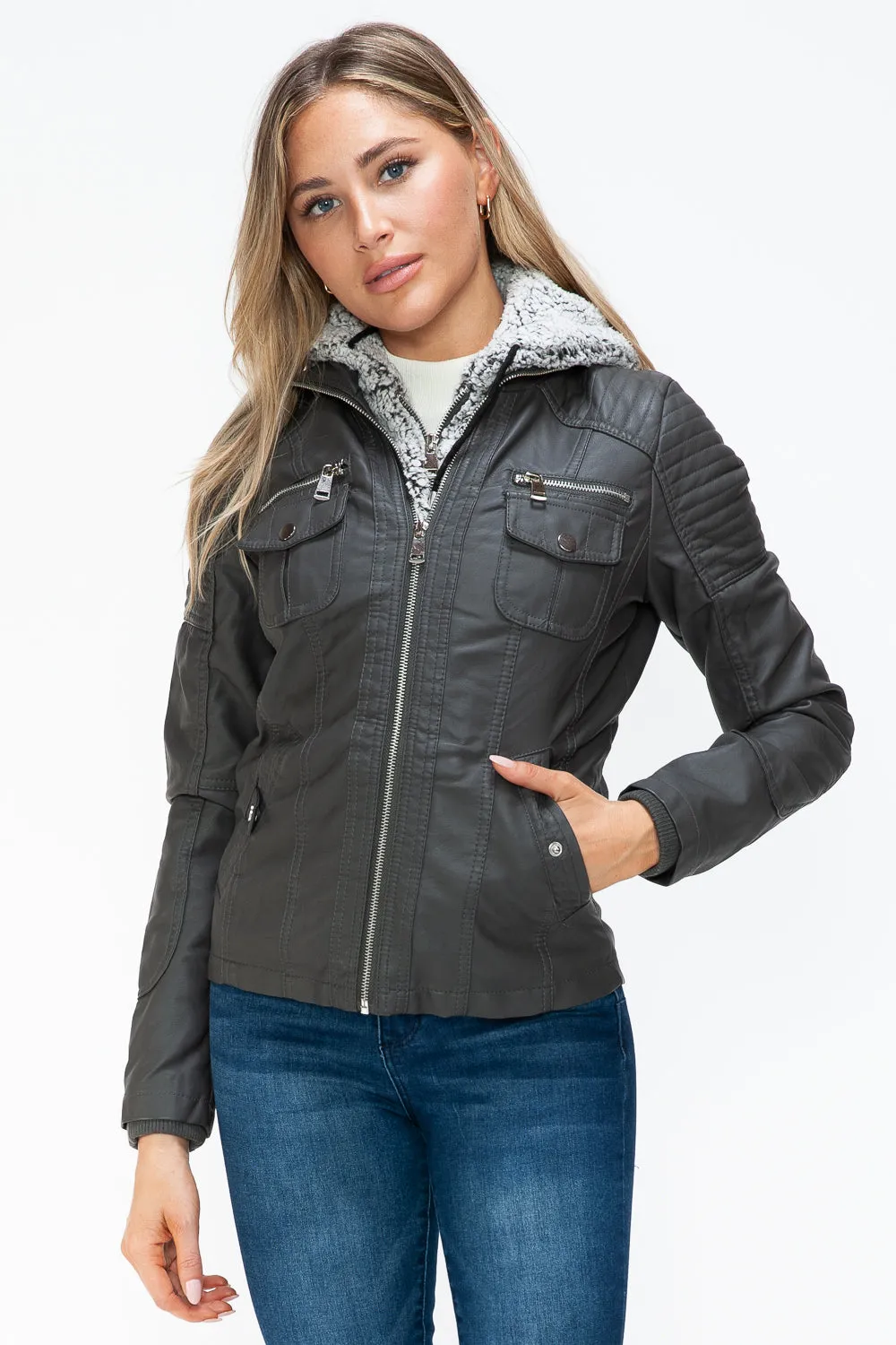 Women's YMI Faux Layered Jacket with Fuzzy Hood and Multiple Pockets for Style and Warmth