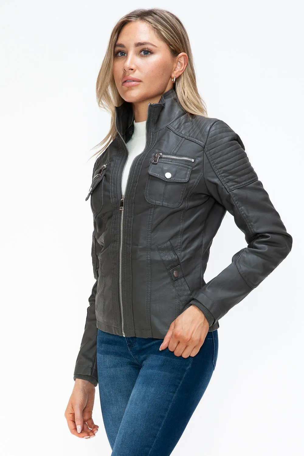 Women's YMI Faux Layered Jacket with Fuzzy Hood and Multiple Pockets for Style and Warmth