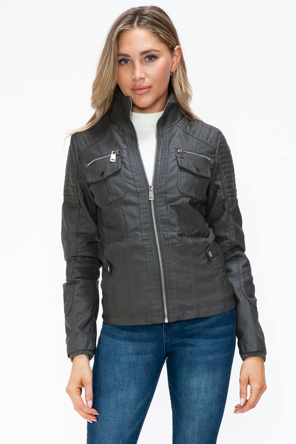Women's YMI Faux Layered Jacket with Fuzzy Hood and Multiple Pockets for Style and Warmth