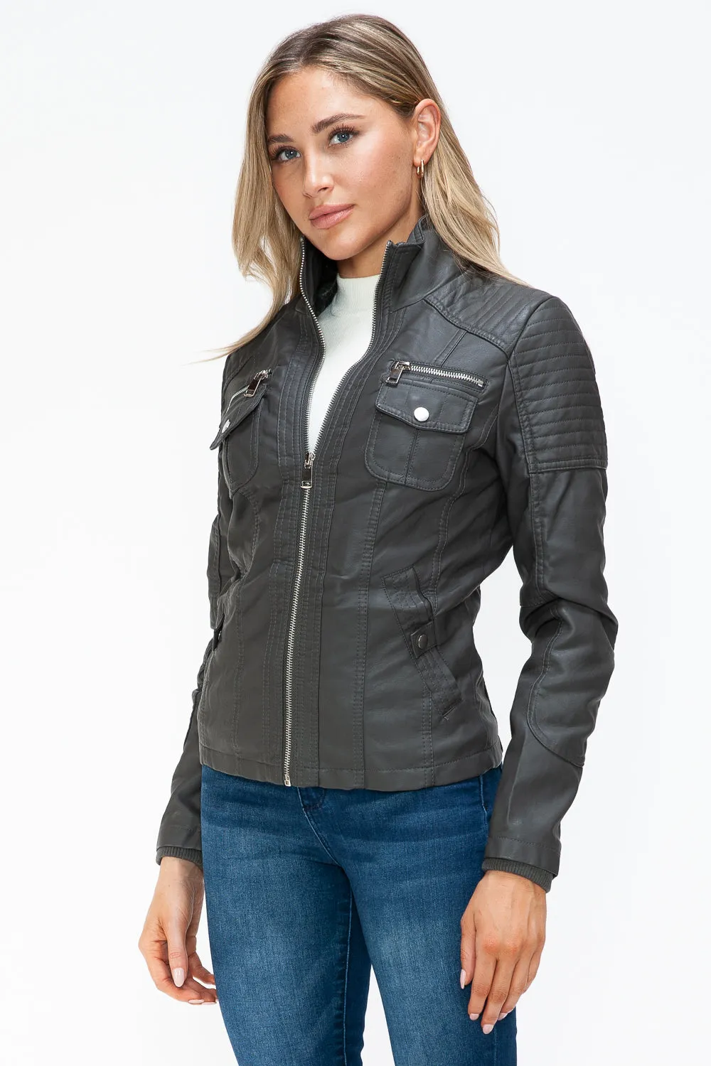 Women's YMI Faux Layered Jacket with Fuzzy Hood and Multiple Pockets for Style and Warmth