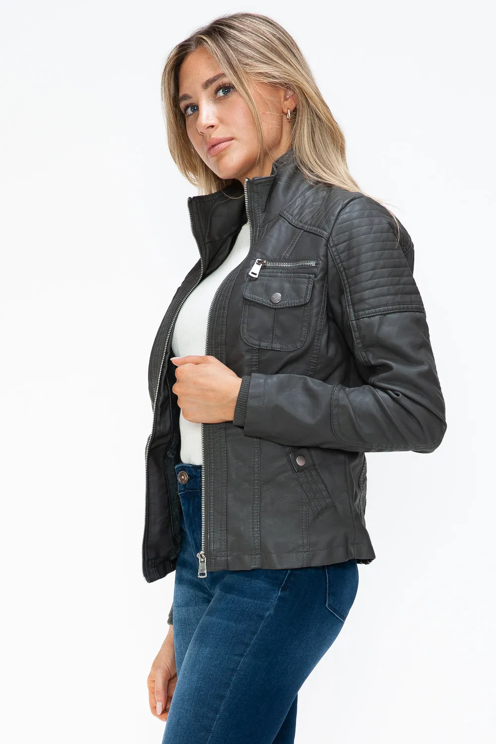 Women's YMI Faux Layered Jacket with Fuzzy Hood and Multiple Pockets for Style and Warmth