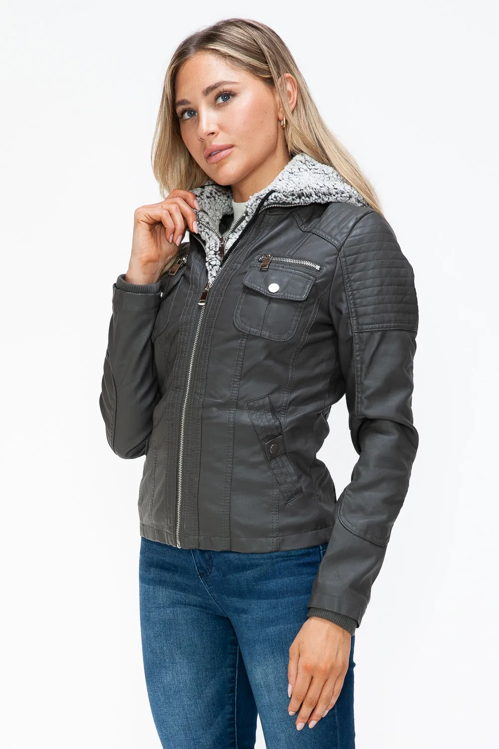 Women's YMI Faux Layered Jacket with Fuzzy Hood and Multiple Pockets for Style and Warmth