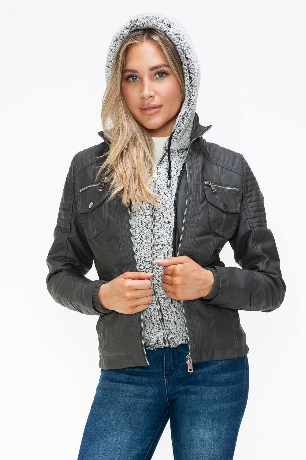 Women's YMI Faux Layered Jacket with Fuzzy Hood and Multiple Pockets for Style and Warmth