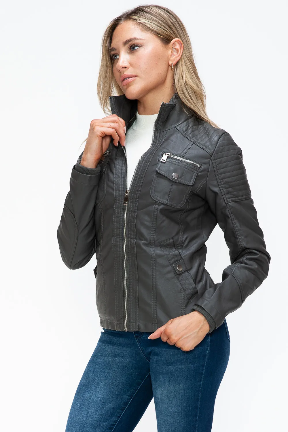 Women's YMI Faux Layered Jacket with Fuzzy Hood and Multiple Pockets for Style and Warmth