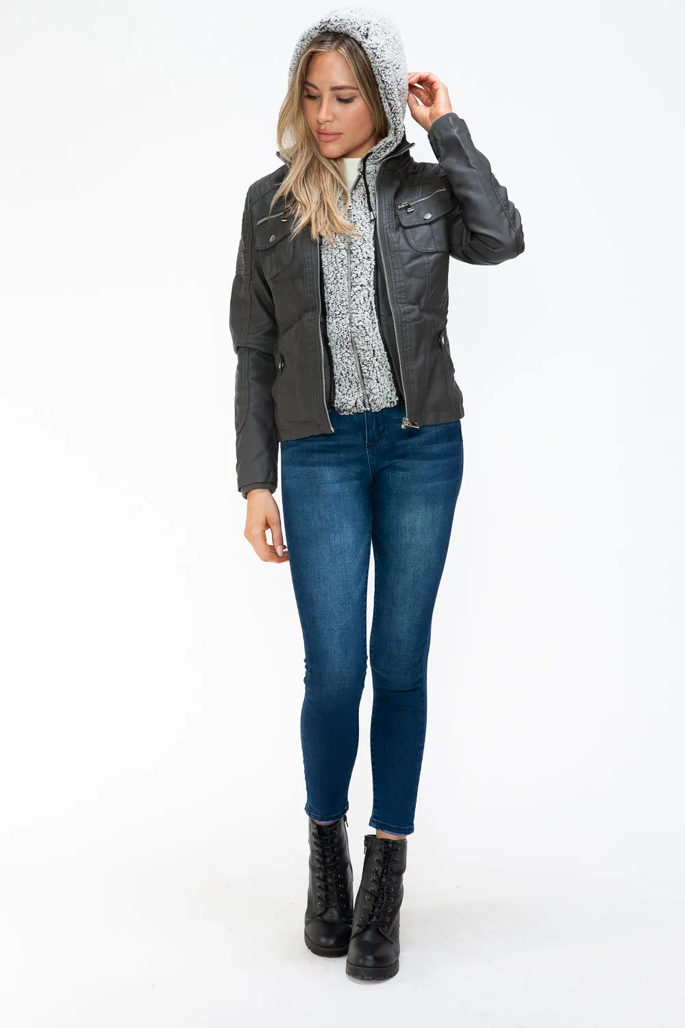 Women's YMI Faux Layered Jacket with Fuzzy Hood and Multiple Pockets for Style and Warmth