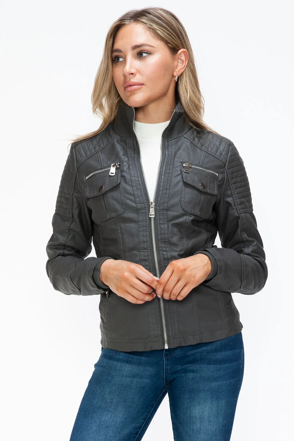 Women's YMI Faux Layered Jacket with Fuzzy Hood and Multiple Pockets for Style and Warmth