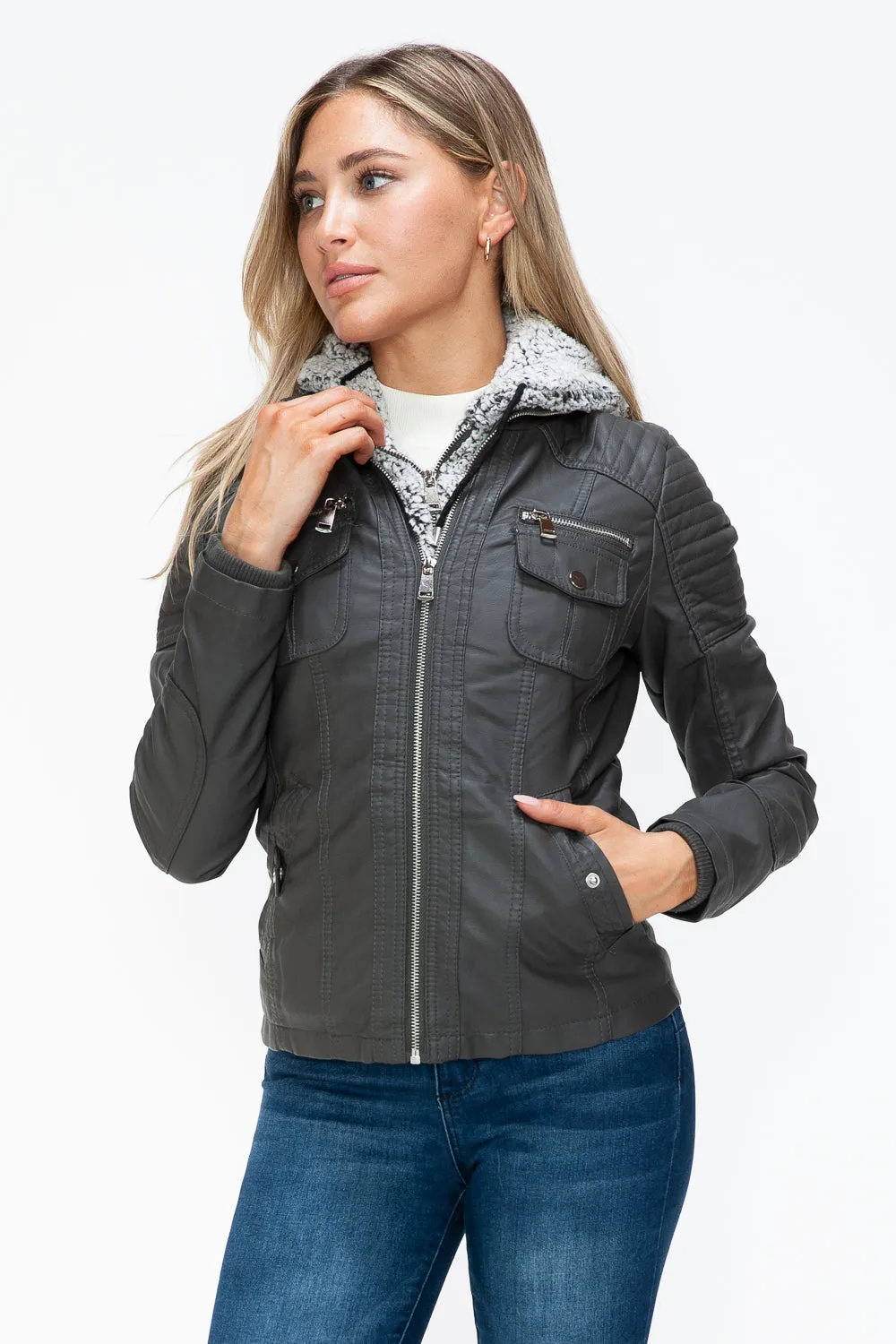 Women's YMI Faux Layered Jacket with Fuzzy Hood and Multiple Pockets for Style and Warmth