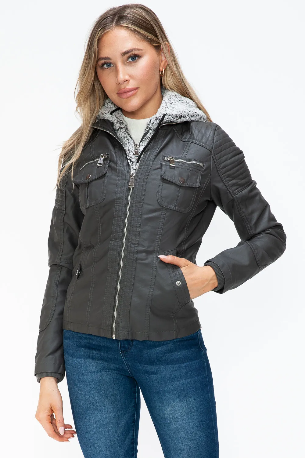 Women's YMI Faux Layered Jacket with Fuzzy Hood and Multiple Pockets for Style and Warmth